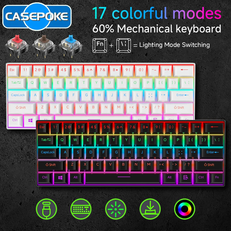 CASEPOKE Mechanical Keyboard 61 Keys Blue Switch Red Switch Brown Switch Hot Swap Keyboard Office Accessories Gaming Keyboard